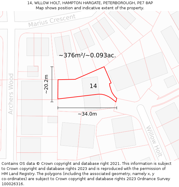 14, WILLOW HOLT, HAMPTON HARGATE, PETERBOROUGH, PE7 8AP: Plot and title map
