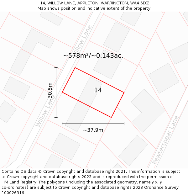 14, WILLOW LANE, APPLETON, WARRINGTON, WA4 5DZ: Plot and title map