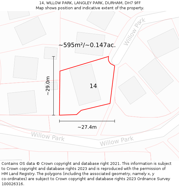 14, WILLOW PARK, LANGLEY PARK, DURHAM, DH7 9FF: Plot and title map
