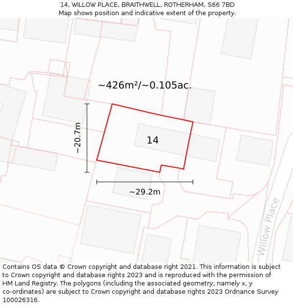 14, WILLOW PLACE, BRAITHWELL, ROTHERHAM, S66 7BD: Plot and title map