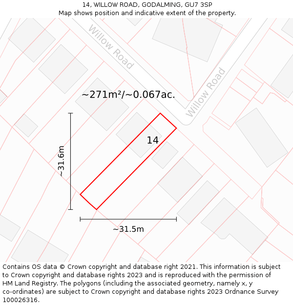14, WILLOW ROAD, GODALMING, GU7 3SP: Plot and title map
