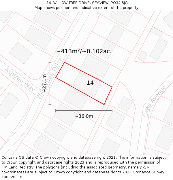 14, WILLOW TREE DRIVE, SEAVIEW, PO34 5JG: Plot and title map