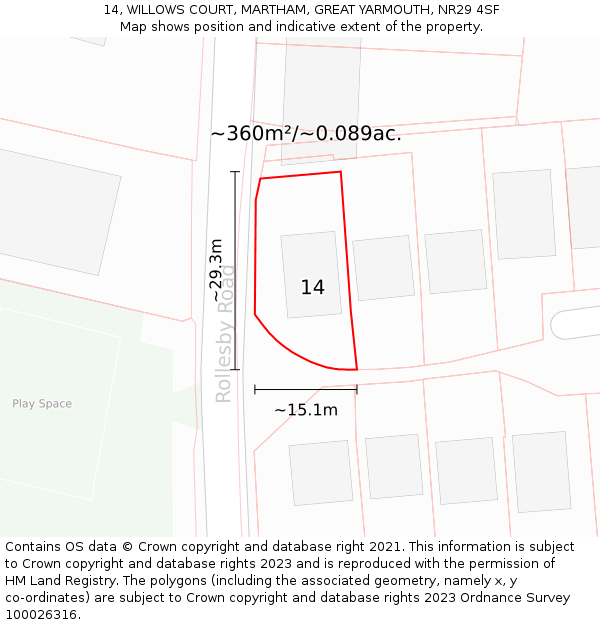 14, WILLOWS COURT, MARTHAM, GREAT YARMOUTH, NR29 4SF: Plot and title map