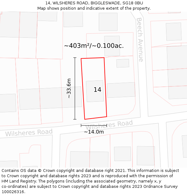 14, WILSHERES ROAD, BIGGLESWADE, SG18 0BU: Plot and title map