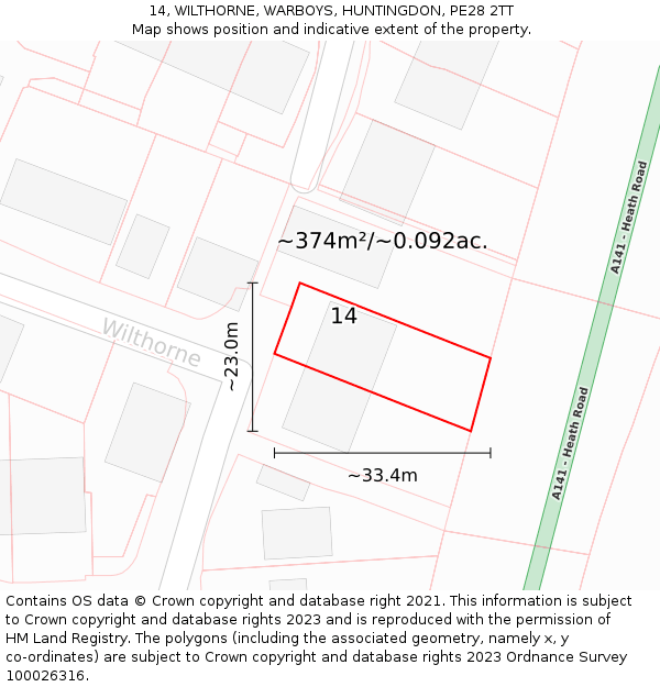 14, WILTHORNE, WARBOYS, HUNTINGDON, PE28 2TT: Plot and title map