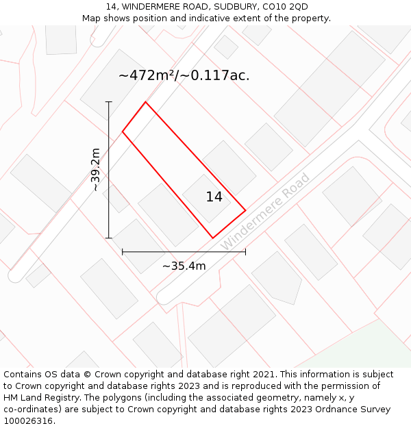 14, WINDERMERE ROAD, SUDBURY, CO10 2QD: Plot and title map