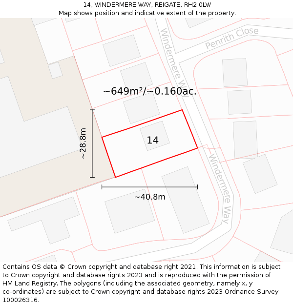 14, WINDERMERE WAY, REIGATE, RH2 0LW: Plot and title map