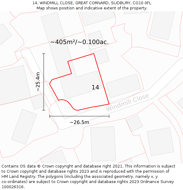 14, WINDMILL CLOSE, GREAT CORNARD, SUDBURY, CO10 0FL: Plot and title map