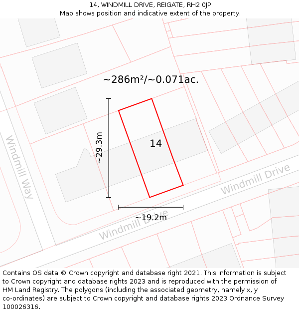 14, WINDMILL DRIVE, REIGATE, RH2 0JP: Plot and title map