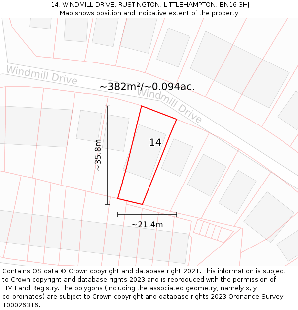 14, WINDMILL DRIVE, RUSTINGTON, LITTLEHAMPTON, BN16 3HJ: Plot and title map