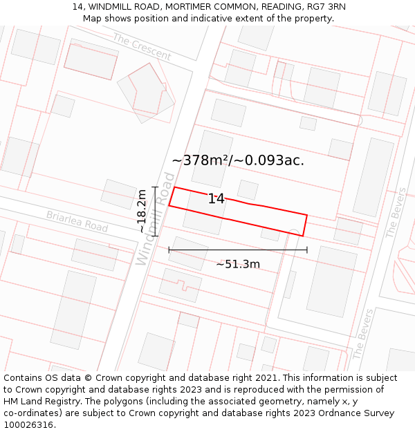 14, WINDMILL ROAD, MORTIMER COMMON, READING, RG7 3RN: Plot and title map