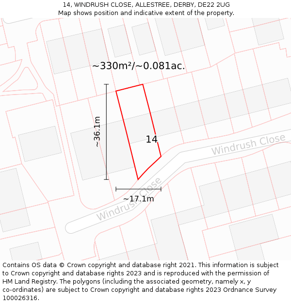 14, WINDRUSH CLOSE, ALLESTREE, DERBY, DE22 2UG: Plot and title map