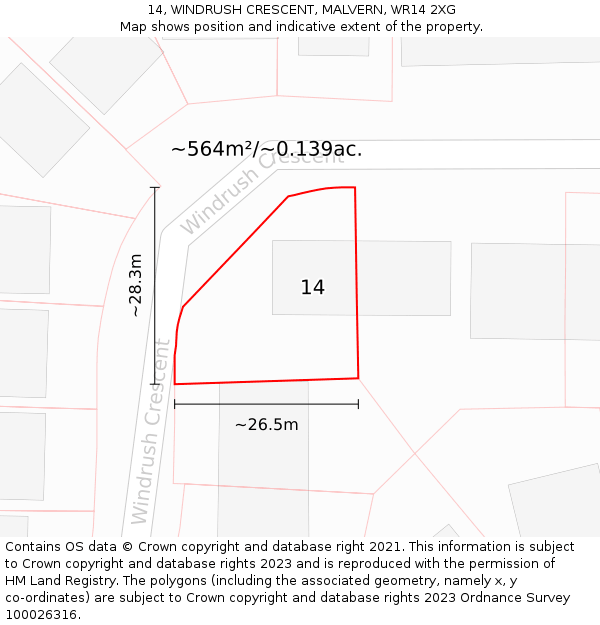 14, WINDRUSH CRESCENT, MALVERN, WR14 2XG: Plot and title map