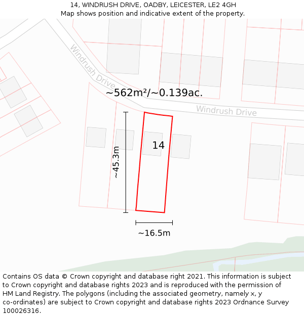 14, WINDRUSH DRIVE, OADBY, LEICESTER, LE2 4GH: Plot and title map