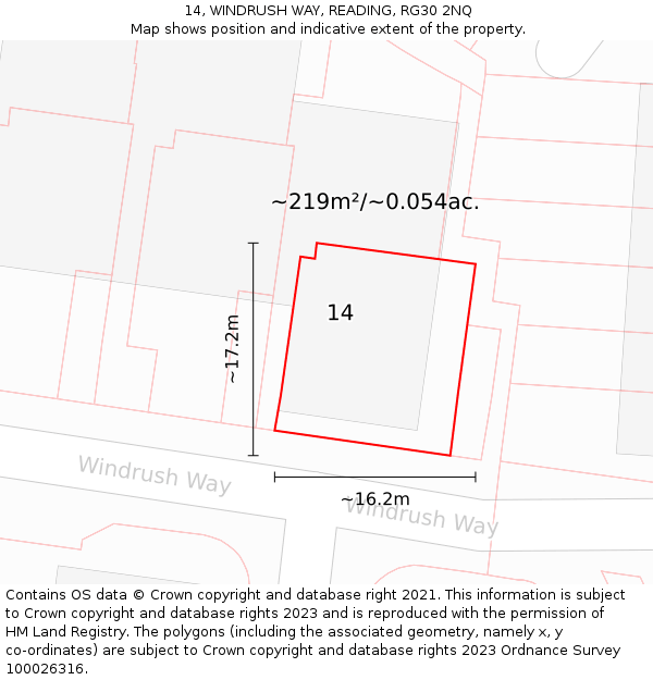 14, WINDRUSH WAY, READING, RG30 2NQ: Plot and title map
