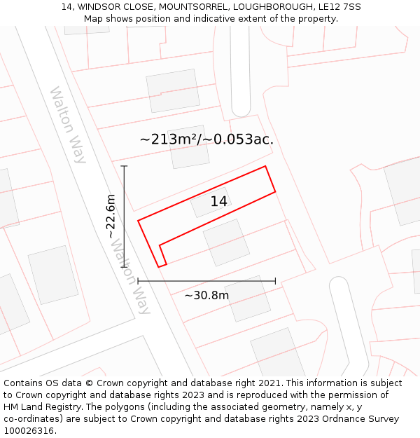 14, WINDSOR CLOSE, MOUNTSORREL, LOUGHBOROUGH, LE12 7SS: Plot and title map