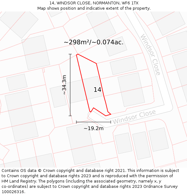 14, WINDSOR CLOSE, NORMANTON, WF6 1TX: Plot and title map