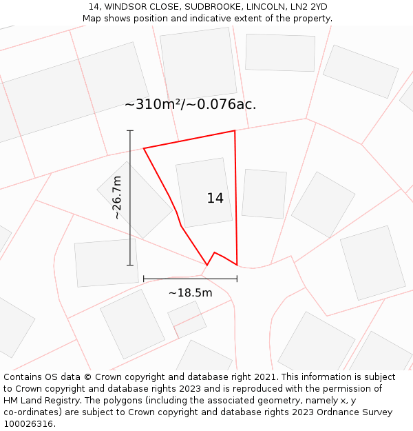 14, WINDSOR CLOSE, SUDBROOKE, LINCOLN, LN2 2YD: Plot and title map