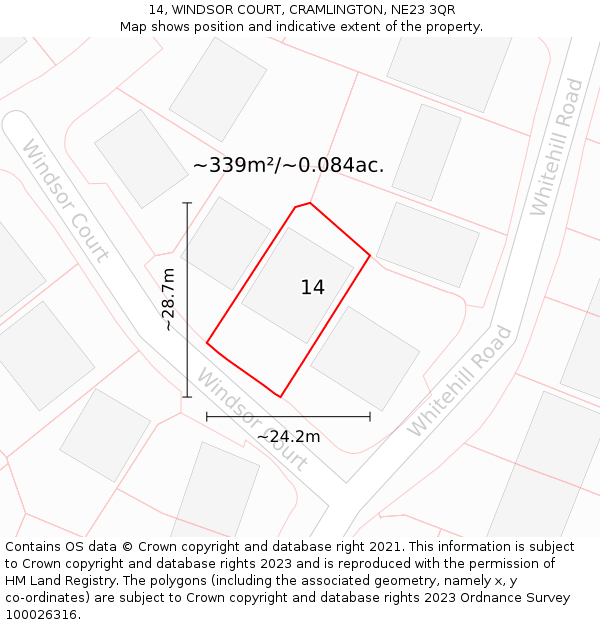 14, WINDSOR COURT, CRAMLINGTON, NE23 3QR: Plot and title map