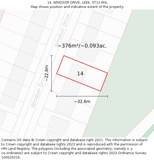 14, WINDSOR DRIVE, LEEK, ST13 6NL: Plot and title map