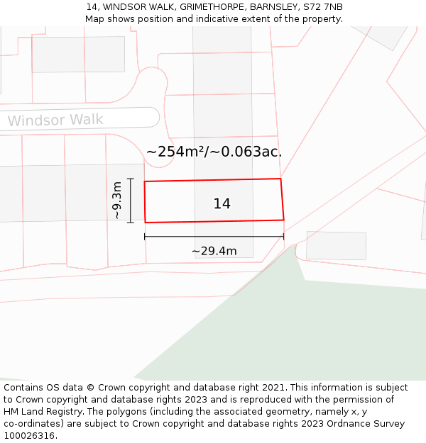 14, WINDSOR WALK, GRIMETHORPE, BARNSLEY, S72 7NB: Plot and title map
