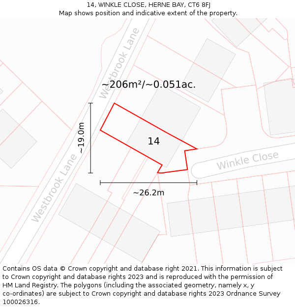 14, WINKLE CLOSE, HERNE BAY, CT6 8FJ: Plot and title map