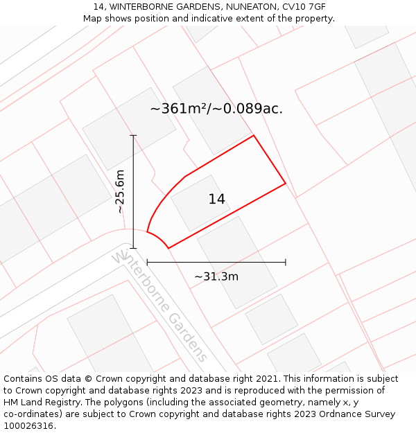 14, WINTERBORNE GARDENS, NUNEATON, CV10 7GF: Plot and title map