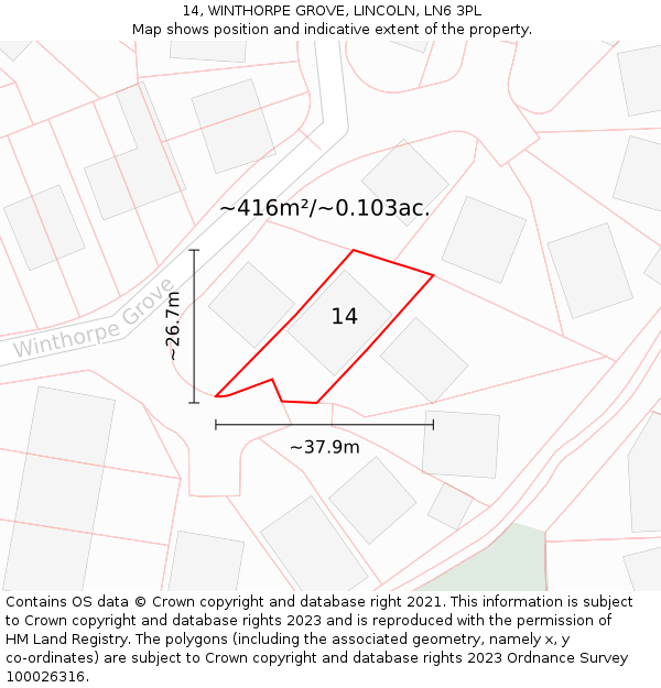 14, WINTHORPE GROVE, LINCOLN, LN6 3PL: Plot and title map
