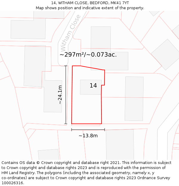 14, WITHAM CLOSE, BEDFORD, MK41 7YT: Plot and title map