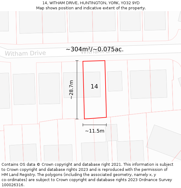 14, WITHAM DRIVE, HUNTINGTON, YORK, YO32 9YD: Plot and title map