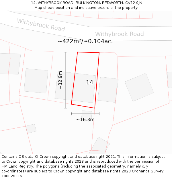 14, WITHYBROOK ROAD, BULKINGTON, BEDWORTH, CV12 9JN: Plot and title map