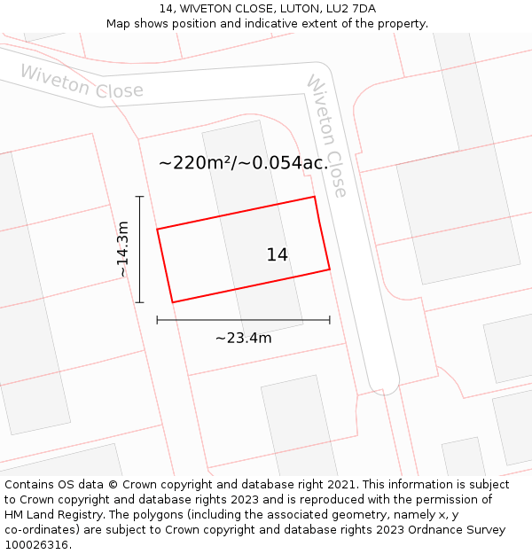 14, WIVETON CLOSE, LUTON, LU2 7DA: Plot and title map