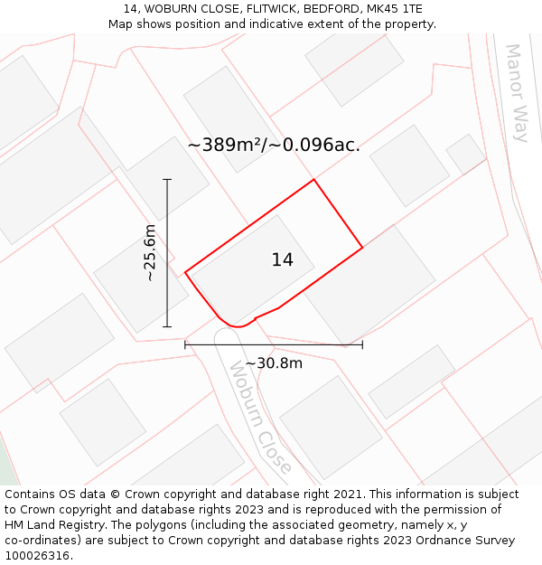 14, WOBURN CLOSE, FLITWICK, BEDFORD, MK45 1TE: Plot and title map