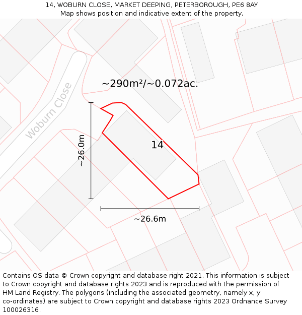 14, WOBURN CLOSE, MARKET DEEPING, PETERBOROUGH, PE6 8AY: Plot and title map