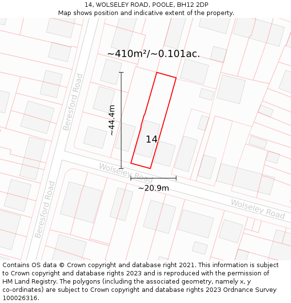 14, WOLSELEY ROAD, POOLE, BH12 2DP: Plot and title map
