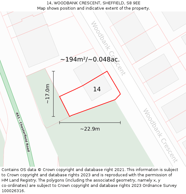 14, WOODBANK CRESCENT, SHEFFIELD, S8 9EE: Plot and title map