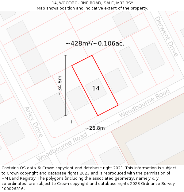 14, WOODBOURNE ROAD, SALE, M33 3SY: Plot and title map