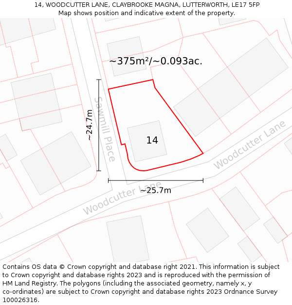 14, WOODCUTTER LANE, CLAYBROOKE MAGNA, LUTTERWORTH, LE17 5FP: Plot and title map