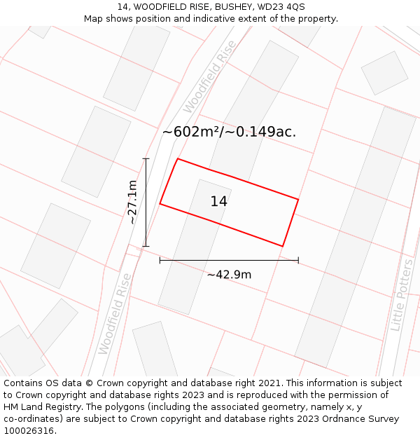 14, WOODFIELD RISE, BUSHEY, WD23 4QS: Plot and title map