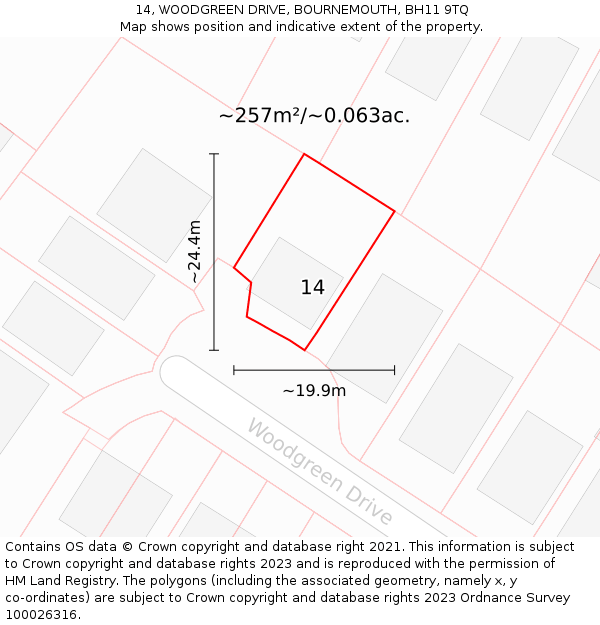 14, WOODGREEN DRIVE, BOURNEMOUTH, BH11 9TQ: Plot and title map