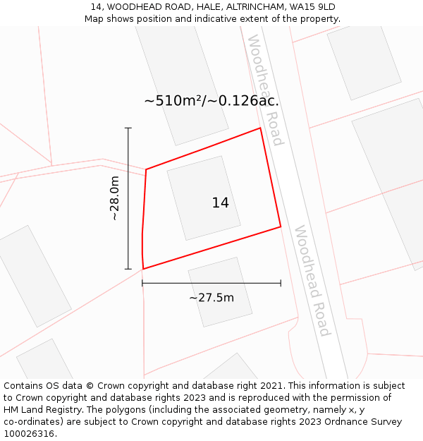 14, WOODHEAD ROAD, HALE, ALTRINCHAM, WA15 9LD: Plot and title map