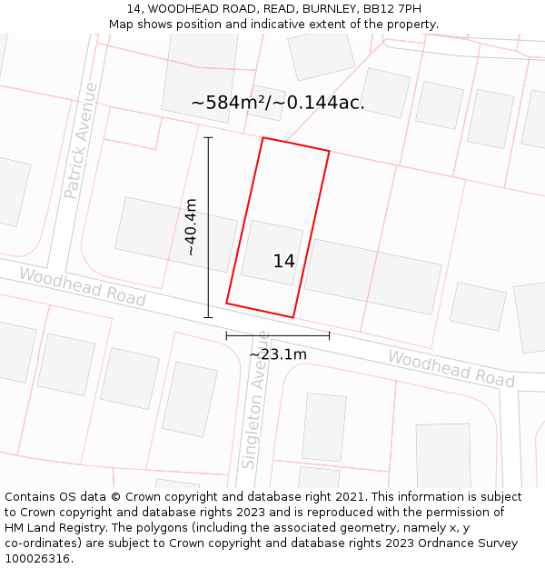 14, WOODHEAD ROAD, READ, BURNLEY, BB12 7PH: Plot and title map