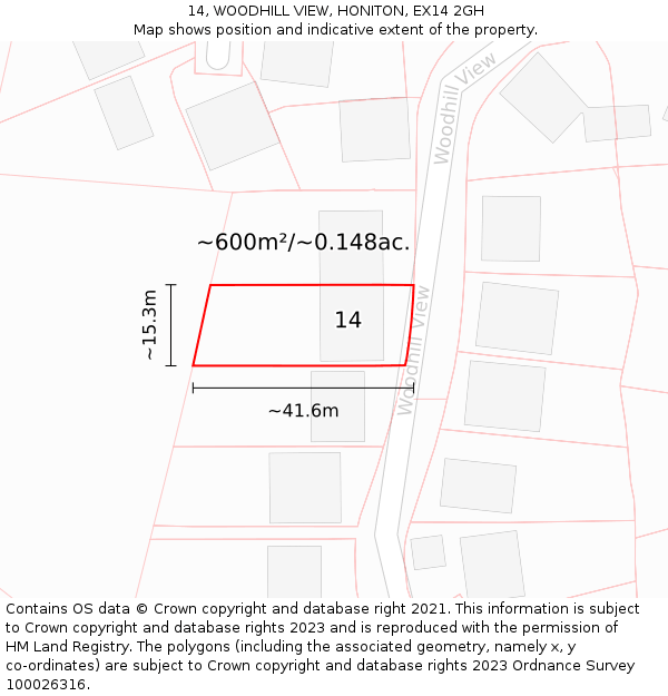 14, WOODHILL VIEW, HONITON, EX14 2GH: Plot and title map