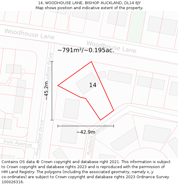 14, WOODHOUSE LANE, BISHOP AUCKLAND, DL14 6JY: Plot and title map