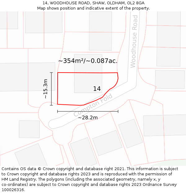 14, WOODHOUSE ROAD, SHAW, OLDHAM, OL2 8GA: Plot and title map