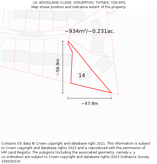 14, WOODLAND CLOSE, STAVERTON, TOTNES, TQ9 6PQ: Plot and title map