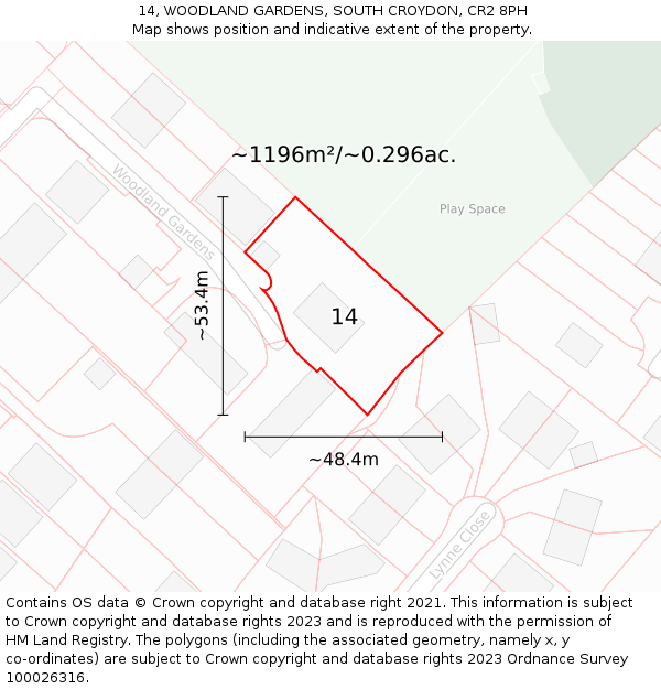 14, WOODLAND GARDENS, SOUTH CROYDON, CR2 8PH: Plot and title map