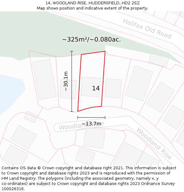 14, WOODLAND RISE, HUDDERSFIELD, HD2 2SZ: Plot and title map