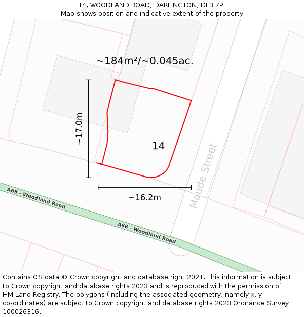 14, WOODLAND ROAD, DARLINGTON, DL3 7PL: Plot and title map