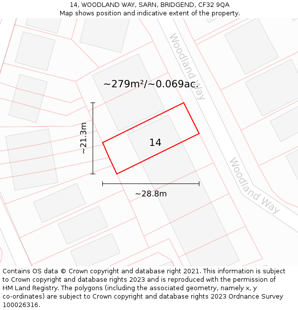 14, WOODLAND WAY, SARN, BRIDGEND, CF32 9QA: Plot and title map